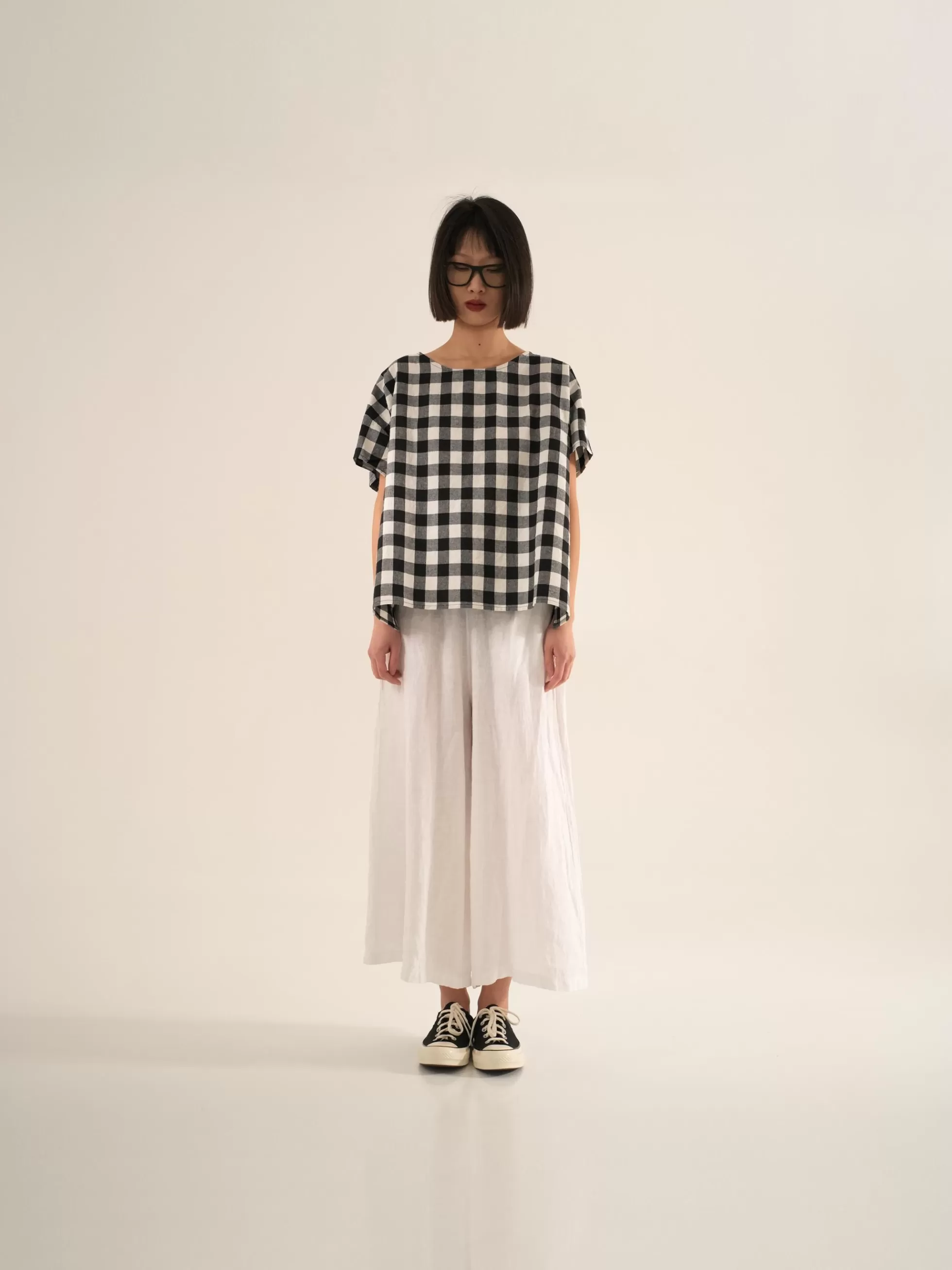 WENDYKEI T-Shirt In Misto Lino/Cotone A Quadri B/N | Donna Top E Magliette